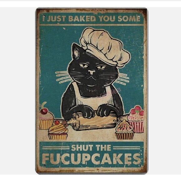 NEW! Cupcakes Metal Bar Sign Funny Vintage Look Metal Sign Black Cat Tin Kitchen - Picture 1 of 1
